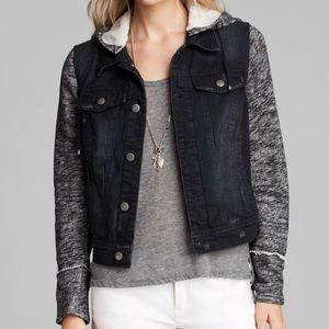 Denim Jacket With Knit Sleeve and Detachable Hood